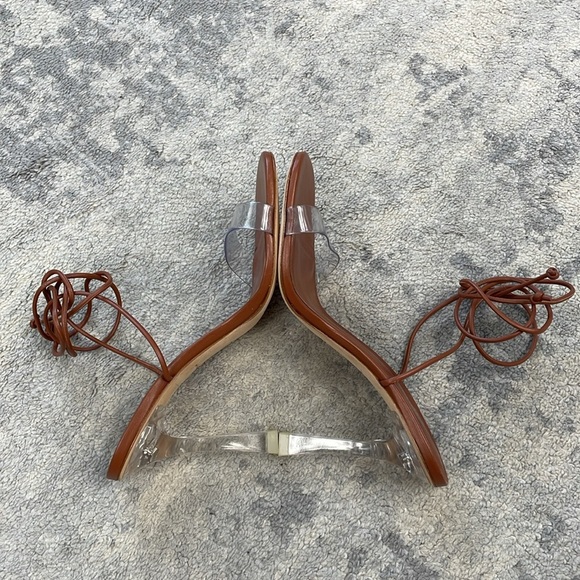 Larroude Gloria Sandal In Caramel Leather and Vinyl Ankle Wrap Clear Heel 7 - Picture 11 of 16